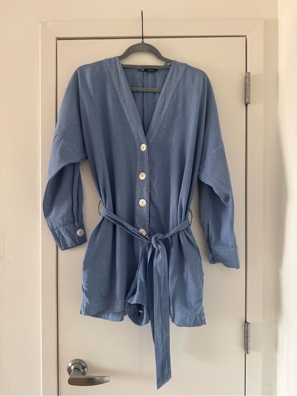 Zara Light Blue Button Front Belted Romper